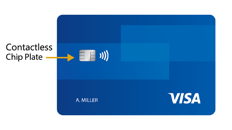 Front of Visa chip-enabled credit card with arrow pointing to the chip plate.